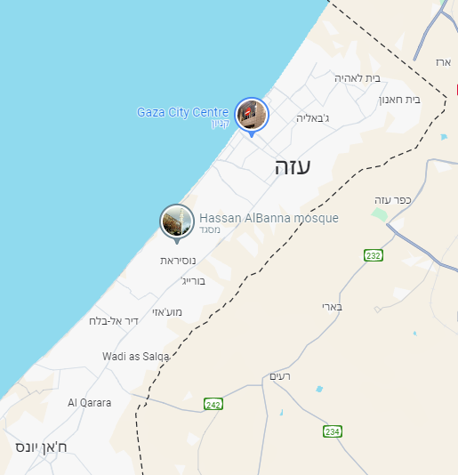 מפת רצועת עזה ובה מצפון לדרום: ג'באליה, עזה, נוסיראת ודיר אל-בלח. גוגל מפות