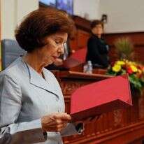 נשיאת צפון מקדוניה,  גורדנה סיליאנובסקה-דבקובה, בטקס השבעתה, אתמול. | EPA