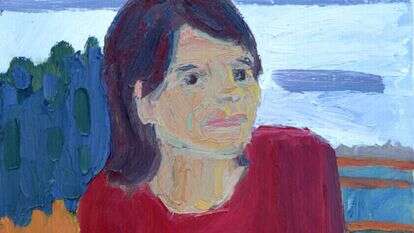 מעידה על עצמה ש״שתתה ארבע מאות כוסות קפה בלפחות שלוש מאות דייטים״. בן סיימון, "אישה בחולצה אדומה ליד הנהר", שמן על בד, 2023