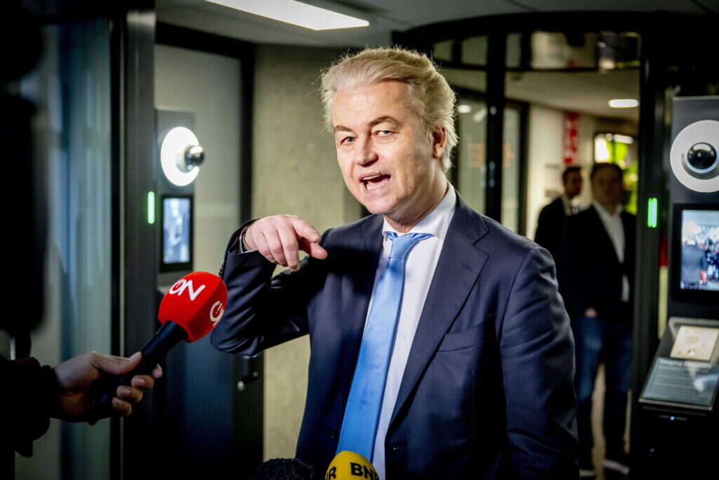 epaselect epa11255183 Geert Wilders (PVV) speaks to the media before the start of the reception by informants Elbert Dijkgraaf and Richard van Zwol for the follow-up discussions of the forming parties Party for Freedom (PVV), People's Party for Freedom and Democracy (VVD), New Social Contract (NSC) and Farmerâ€“Citizen Movement (BBB), in The Hague, Netherlands, 02 April 2024.  EPA/Robin Utrecht