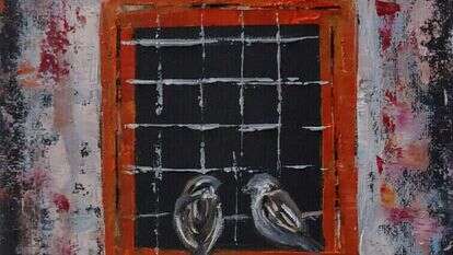 עצב על התקופה שבה חיה לצידו בתחושת דחייה מתמדת. עליזה דיין, "דרור", שמן על בד, 2024 עצב על התקופה שבה חיה לצידו בתחושת דחייה מתמדת. עליזה דיין, "דרור", שמן על בד, 2024