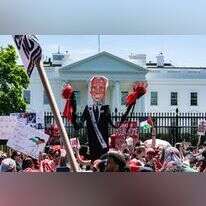 מיצג של נשיא ארה"ב ג'ו ביידן עם ידיים מגואלות בדם, מול הבית הלבן, אתמול. | andrew thomas / AFP