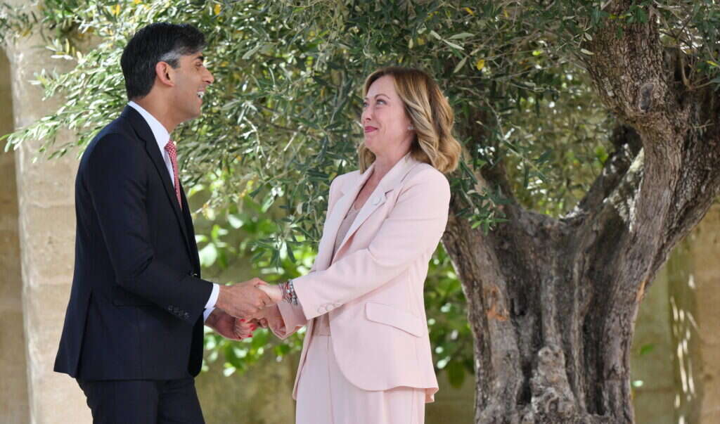 ג'ורג'יה מלוני ורישי סונאק בפתח ועידת ה-G7 באיטליה. | EPA