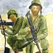 "זו מנין לכם, לפרסם בצורה של הלכה פסוקה שבני הישיבות אין להם לא להירשם ולא להיפקד ולא להתייצב." ״אחים לנשק״, ישראל בלס, צבעי מים על נייר, 2021