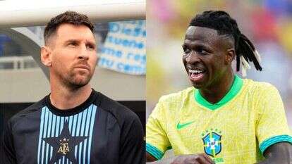 ליונל מסי הארגנטינאי וויניסיוס ג'וניור הברזילאי. צילומים: Justin Casterline/Getty Images/AFP ו-Rich Storry/Getty Images/AFP