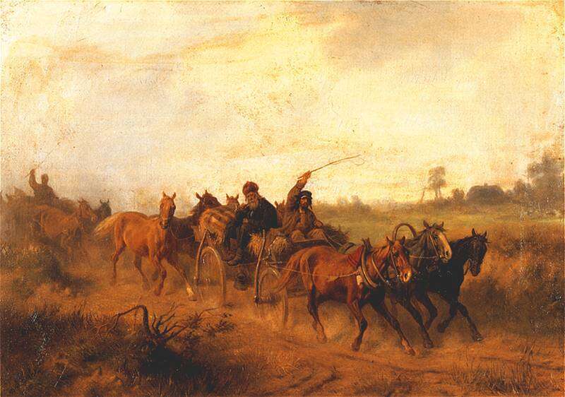 יהודים רוכבים ליריד. ציור: יוזף ברנדט, 1865