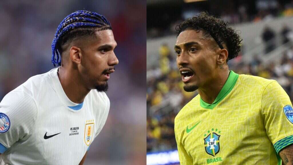 ראפיניה הברזילאי (ימין) ורונאלד אראוחו האורוגוואי. החברים שמשחקים ביחד בברצלונה ייפגשו כיריבים ברבע גמר הקופה אמריקה. צילומים: Mike Stobe, Patrick T. Fallon, AFP