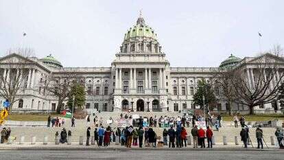 הפגנה נגד ישראל בפתח בניין הקפיטול בהאריסברג, פנסילבניה. | רויטרס