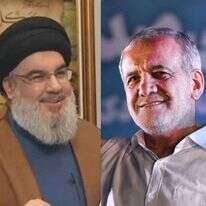 נשיא איראן הנבחר מסעוד פזשכיאן (ימין) ומנהיג חיזבאללה לשעבר, חסן נסראללה | צילומים: ATTA KENARE / AFP