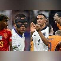 מימין לשמאל: וירג'יל ואן דייק ההולנדי, טרנט אלכסנדר-ארנולד האנגלי, קיליאן אמפבה הצרפתי ולאמין ימאל הספרדי. אחד מארבעתם יהיה אלוף אירופה בפעם הראשונה. צילומים: EPA/ABEDIN TAHERKENAREH, JAVIER SORIANO / AFP, FRANCK FIFE / AFP, Tobias SCHWARZ / AFP