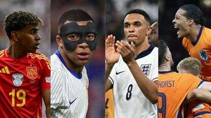 מימין לשמאל: וירג'יל ואן דייק ההולנדי, טרנט אלכסנדר-ארנולד האנגלי, קיליאן אמפבה הצרפתי ולאמין ימאל הספרדי. אחד מארבעתם יהיה אלוף אירופה בפעם הראשונה. צילומים: EPA/ABEDIN TAHERKENAREH, JAVIER SORIANO / AFP, FRANCK FIFE / AFP, Tobias SCHWARZ / AFP