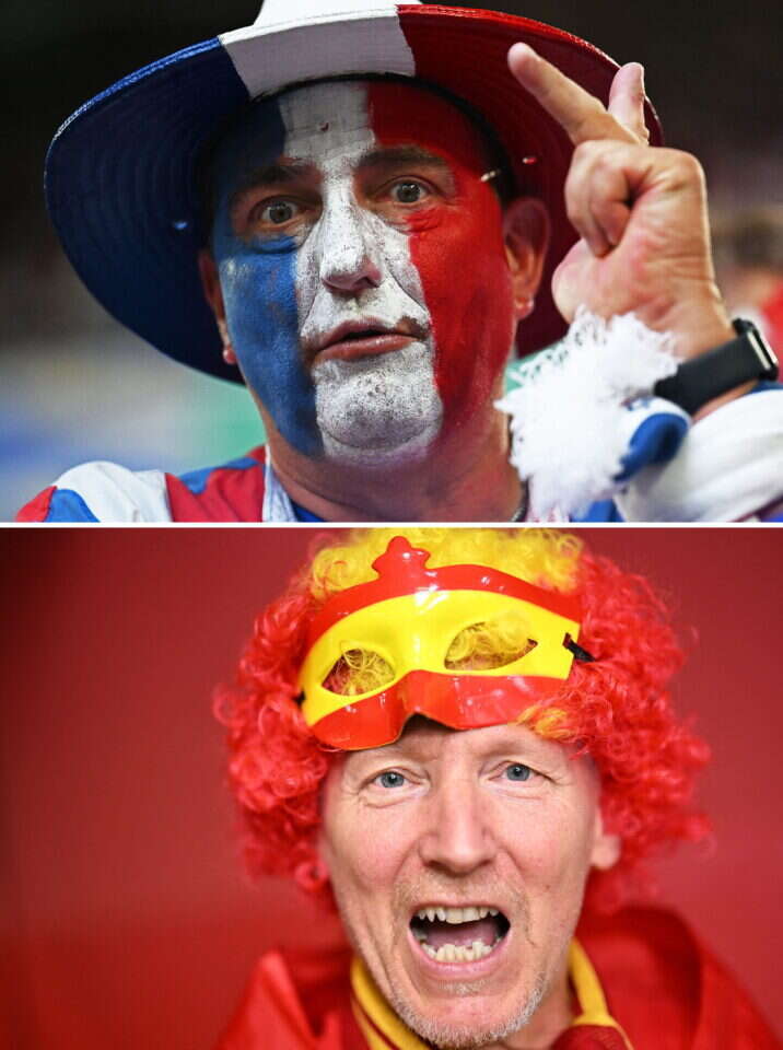 אוהדי נבחרת צרפת וספרד. צילומים: Ozan KOSE and Kirill KUDRYAVTSEV / AFP