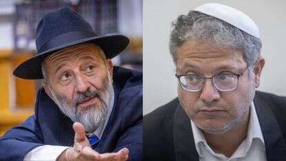 השר איתמר בן גביר ובכיר ש"ס אריה דרעי. צילומים: חיים גולדברג, פלאש 90