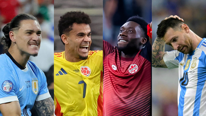 מימין לשמאל: ליונל מסי הארגנטינאי, אלפונסו דייוויס הקנדי, לואיס דיאז הקולומביאני ודרווין נונייס האורוגוואי. צילומים: JUAN MABROMATA / AFP, EPA/KEVIN JAIRAJ, JAMIE SQUIRE / Getty Images via AFP, Ethan Miller / Getty Images via AFP
