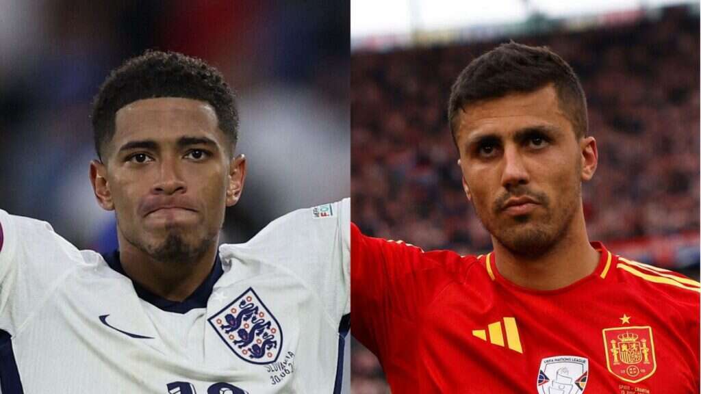 רודרי הספרדי (ימין) וג'וד בלינגהאם האנגלי. צילומים: Odd ANDERSEN / AFP, Adrian DENNIS / AFP