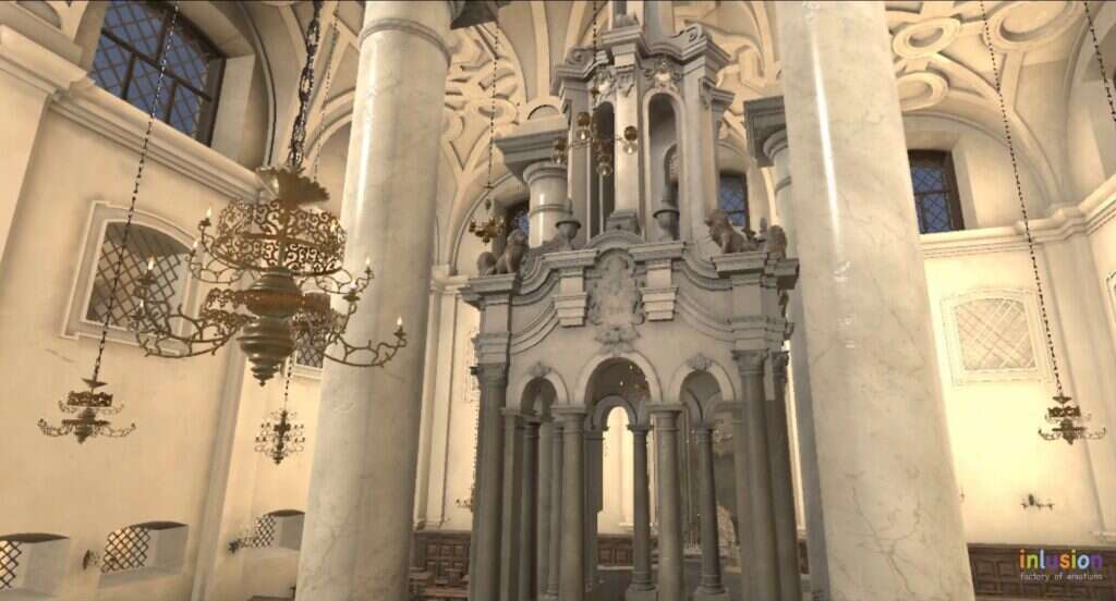 הדמיה של בימת בית הכנסת. עמודי הענק שסביבה מוטטו. הדמיה: חברת UAB Inlusion Netforms