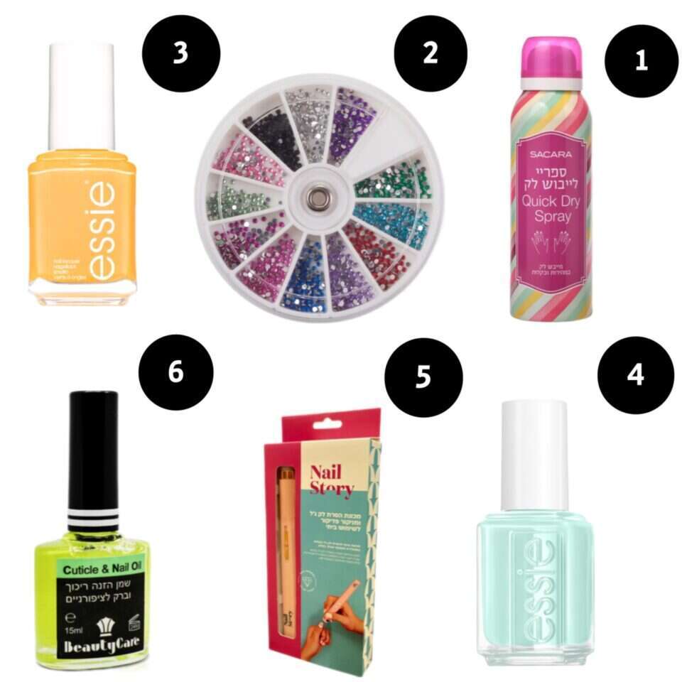 1. ספריי מייבש לק של sacara. | קית גלסמן; 2. נצנצים לציפורניים של sacara.