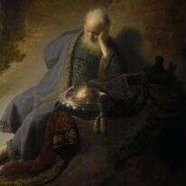 "ירמיהו מבכה את חורבן ירושלים". רמברנדט, 1682. | שאטרסטוק "ירמיהו מבכה את חורבן ירושלים". רמברנדט, 1682. | שאטרסטוק