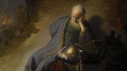 "ירמיהו מבכה את חורבן ירושלים". רמברנדט, 1682. | שאטרסטוק "ירמיהו מבכה את חורבן ירושלים". רמברנדט, 1682. | שאטרסטוק