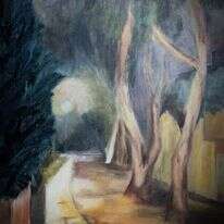 מרים סטיווי, "רחוב ראובן בלילה גשום", שמן על בד, 2020