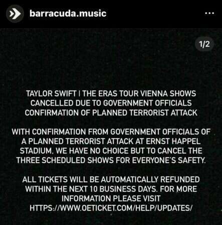 הודעת חברת ההפקה על ביטול בופעותיה של טיילור סוויפט בוינה. | מסך