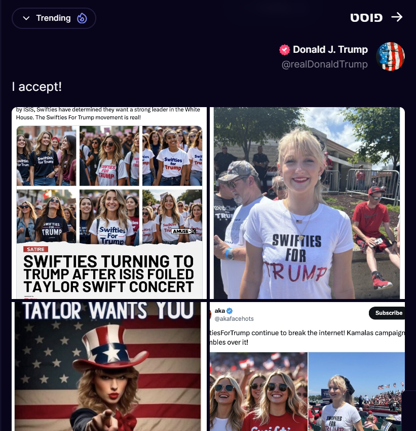 "טיילור סוויפט תומכת בטראמפ" – תמונת בינה מלאכותית שפרסם הנשיא לשעבר "טיילור סוויפט תומכת בטראמפ" – תמונת בינה מלאכותית שפרסם הנשיא לשעבר