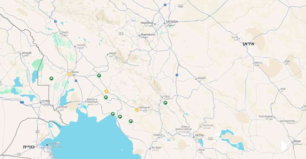 עשרת שדות הנפט הגדולים באיראן, כאשר השדות אהוואז, גשראן ומארון מסומנים בצהוב והיתר בירוק google maps.