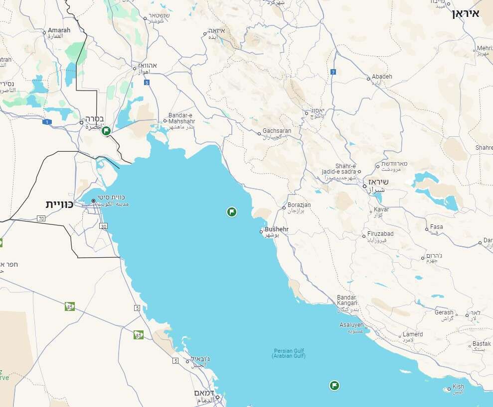 מצפון לדרום: העיר ח'וראמשהר, האי חארג' ומרבץ דרום פארס. google maps