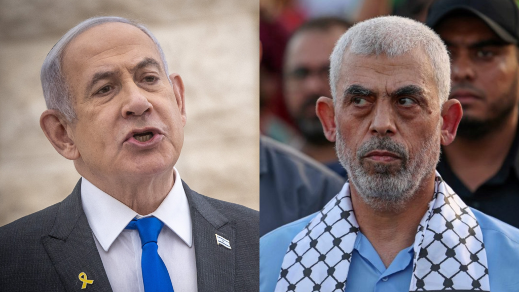 ראש הממשלה בנימין נתניהו ומנהיג חמאס יחיא סינוואר. צילומים: פלאש 90, AFP