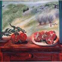 סימני החג נועדו לשמש תזכורת לאדם ראובן רובין, "רימונים על חלוני", 1967. באדיבות אוסף בית ראובן, תל אביב