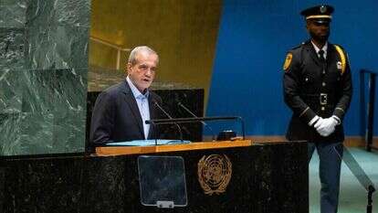 נשיא איראן פשזכיאן נואם בעצרת האו"ם, ספטמבר 24'. | אי.פי.איי