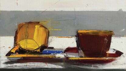 יעל בוברמן-אטאס, ״הסרויס של סבתא בטי״, שמן על לוח עץ, ,2022 | מוקי שוורץ. מתוך התערוכה "מתחת לקו הזמן" בגלריה מרי, ירושלים (מוצג עד 26.10.24)