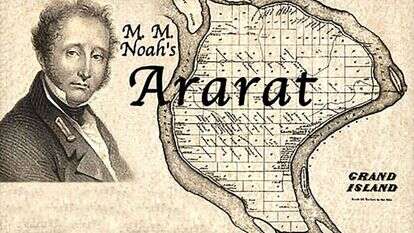 מרדכי עמנואל נוח על רקע מפת האי גרנד־איילנד שרכש מבעליו האינדיאנים לטובת מדינת היהודים שייסד, "אררט" מרדכי עמנואל נוח על רקע מפת האי גרנד־איילנד שרכש מבעליו האינדיאנים לטובת מדינת היהודים שייסד, "אררט"