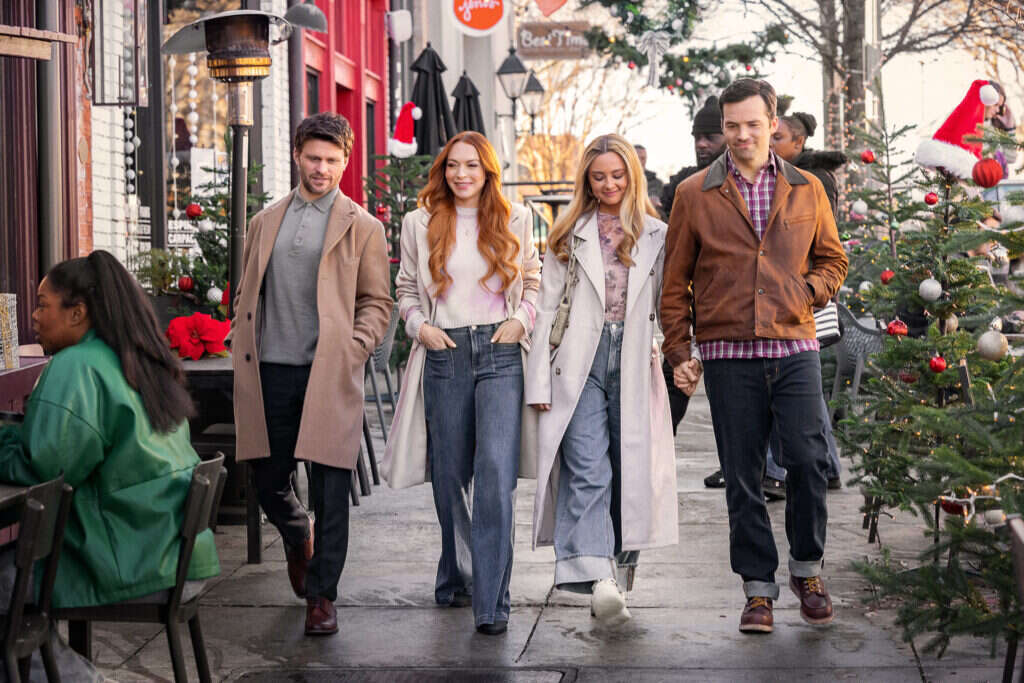 Our Little Secret. (L-R) Jon Rudnitsky as Cameron, Lindsay Lohan as Avery, Katie Baker as Cassie and Ian Harding as Logan in Our Little Secret. Cr. Chuck Zlotnick/Netflix © 2024
