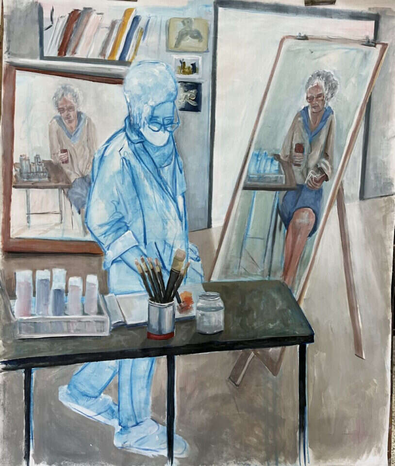 המבט של הציירת הופך לתמונה שנבראת על הדף. רות קלמר־עובדיה, "רות 04", אקריליק על בד לא מתוח, 2022