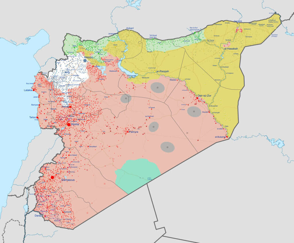 מפת התפלגות הכוחות בסוריה טרום המהפכה: צהוב - שליטת הכורדים, ירוק - שליטת המורדים הסורים ואדום - שליטת אסד. קרדיט: ויקימדיה מפת התפלגות הכוחות בסוריה טרום המהפכה: צהוב - שליטת הכורדים, ירוק - שליטת המורדים הסורים ואדום - שליטת אסד. קרדיט: ויקימדיה