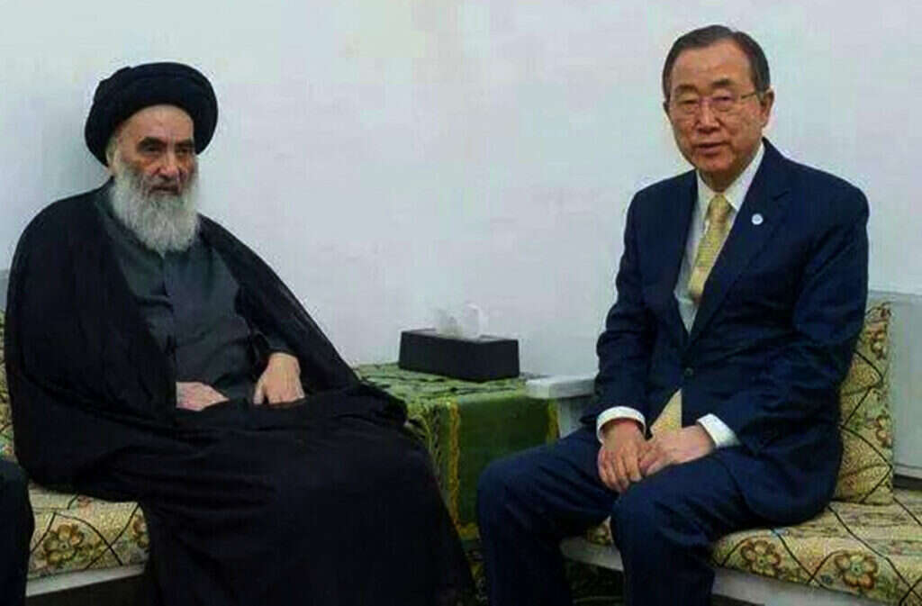 אייתוללה עלי סיסתאני, הסמכות השיעית הבכירה בעיראק, בפגישה עם מזכ"ל האו"ם. | AFP