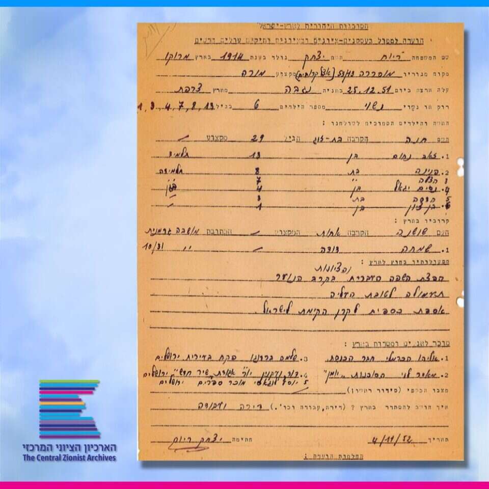 מסמך עלייתה של משפחת רווח. קרדיט: הארכיון הציוני של ההסתדרות הציונית העולמית