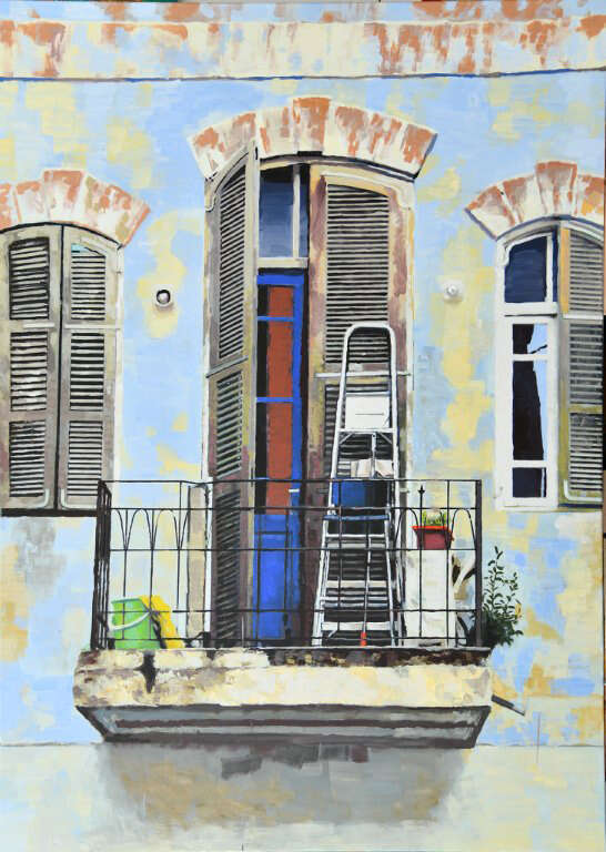 סיפור הבורגנות התל־אביבית בפיצוח מסוג אחר דוד גרשטיין ,"מרפסת יפואית", אקריליק על בד, 2020. מאוסף האמן