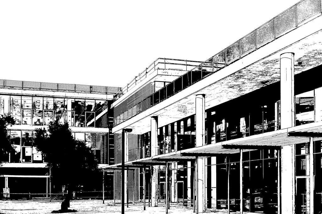 האבן הטבעית נותרה מס שפתיים. בניין הזכוכית של בצלאל. | שאטרסטוק