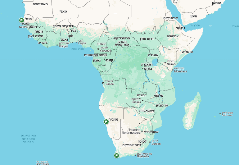 נמלים בדרום אפריקה, נמיביה וסנגל (בירוק). google maps