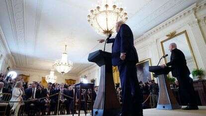 כאן ועכשיו או חזון והלם. נתניהו וטראמפ במסיבת העיתונאים, השבוע. | איי.פי כאן ועכשיו או חזון והלם. נתניהו וטראמפ במסיבת העיתונאים, השבוע. | איי.פי