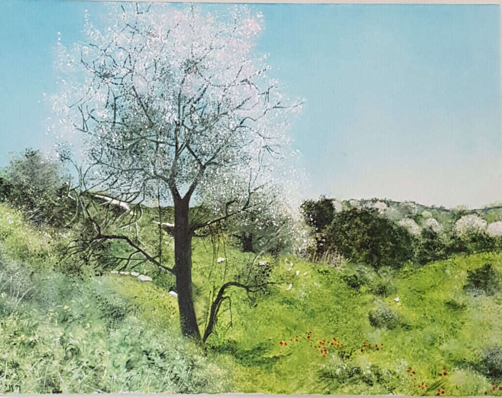 רוני וולדנברג, "שוב מפתיע - שקד בפריחה", שמן על בד, 2020