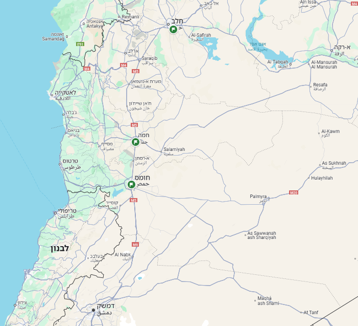 מערב סוריה והערים חלב, חמה וחומס (מסומנות בירוק). google maps
