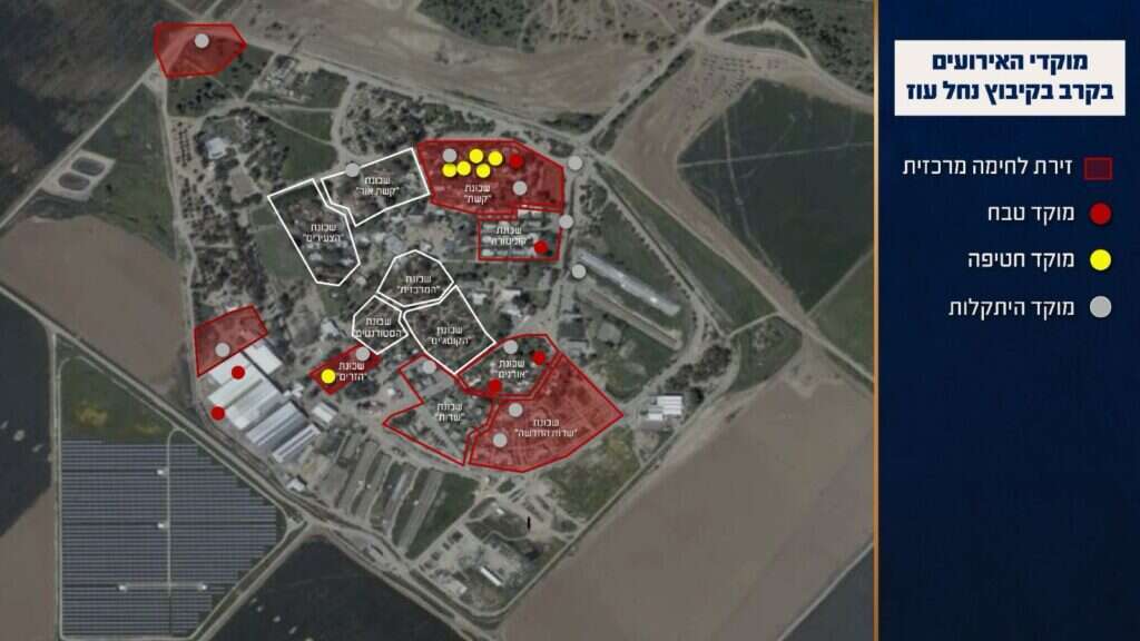 מפה המציגה את האירועים במהלך הקרב בקיבוץ נחל עוז