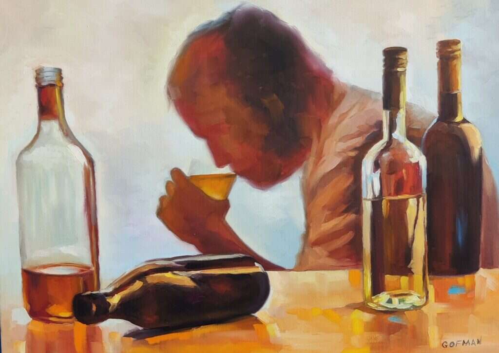 "שיגבר השכל על היין ולא יגבר היין על השכל". יבגני גופמן, ללא שם, שמן על בד, 2021