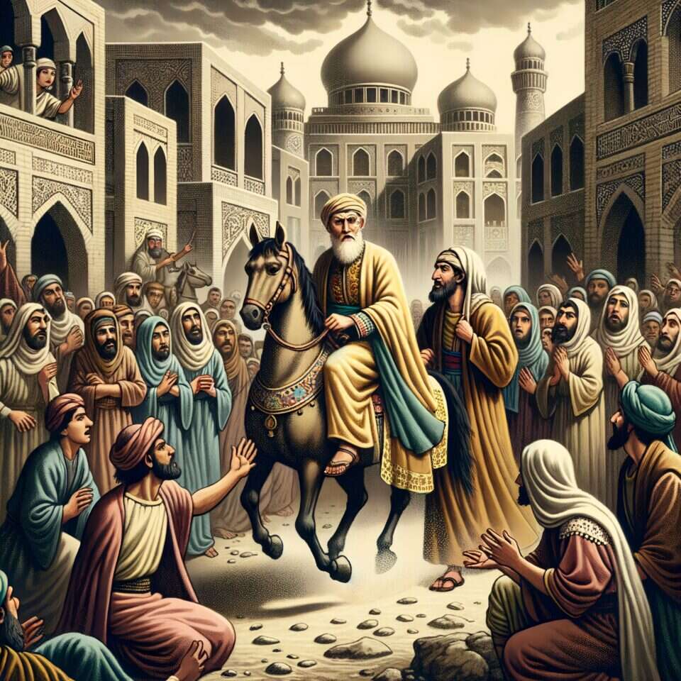 מרדכי היהודי רכוב על סוס ואתו מוביל המן הרשע. | שאטרסטוק