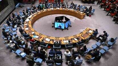 מועצת הביטחון של האו"ם במהלך פגישה על עזה והמזרח התיכון. | AFP מועצת הביטחון של האו"ם במהלך פגישה על עזה והמזרח התיכון. | AFP