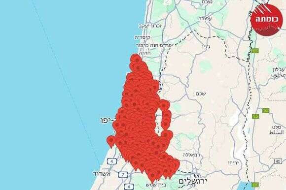 מפת האזעקות של פיקוד העורף בעקבות שיגור מתימן | ללא קרדיט מפת האזעקות של פיקוד העורף בעקבות שיגור מתימן | ללא קרדיט