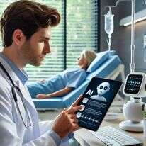 רופא משתמש בצ'אט AI בטאבלט כדי לקבוע את הטיפול המתאים למטופל. תמונה: נוצר באמצעות DALL·E, מודל יצירת התמונות של OpenAI